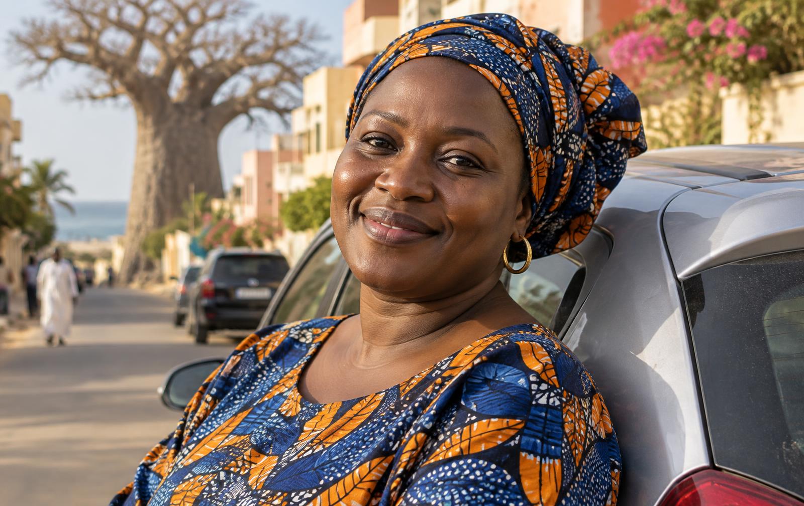 Femme sénégalaise à côté de sa voiture dans une rue de Dakar